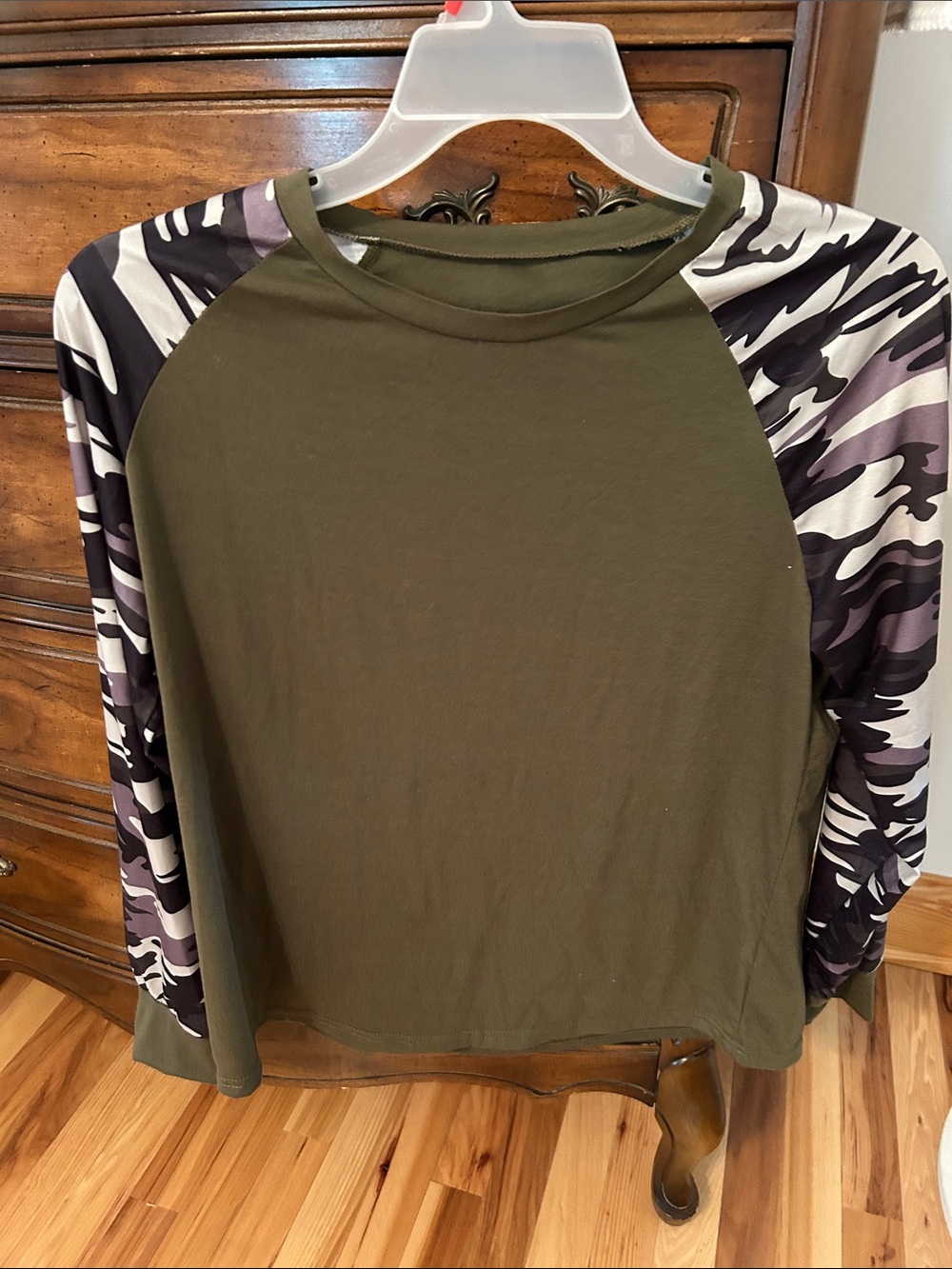 Olive Green Raglan Tee with Camouflage Long Sleeves